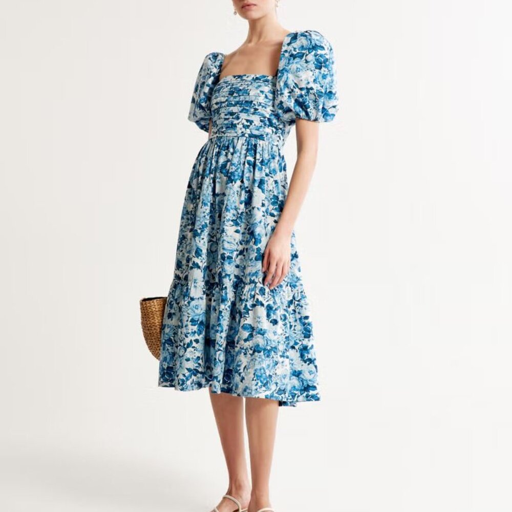 The A&F Emerson Poplin Puff Sleeve Midi Dress PETITE